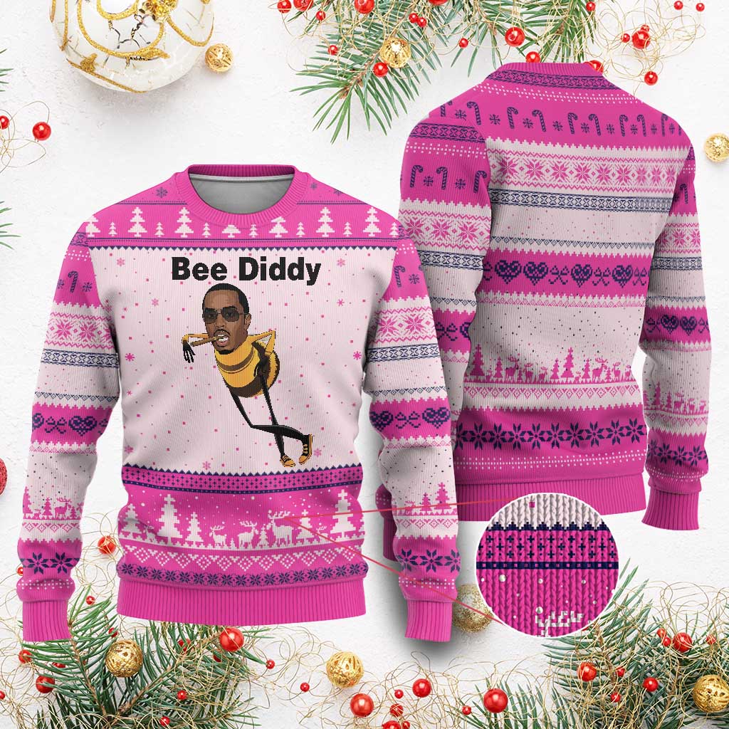 Bee Diddy Ugly Christmas Sweater Dark Humor Internet Meme Brainrot Gen Z TS10 Hot Pink Print Your Wear