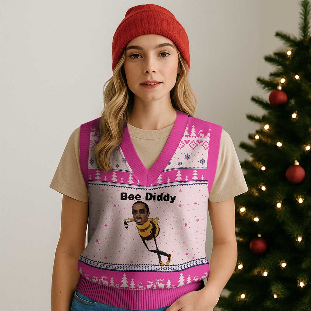Bee Diddy V-Neck Knit Sweater Vest Dark Humor Internet Meme Brainrot Gen Z TS10 Hot Pink Print Your Wear