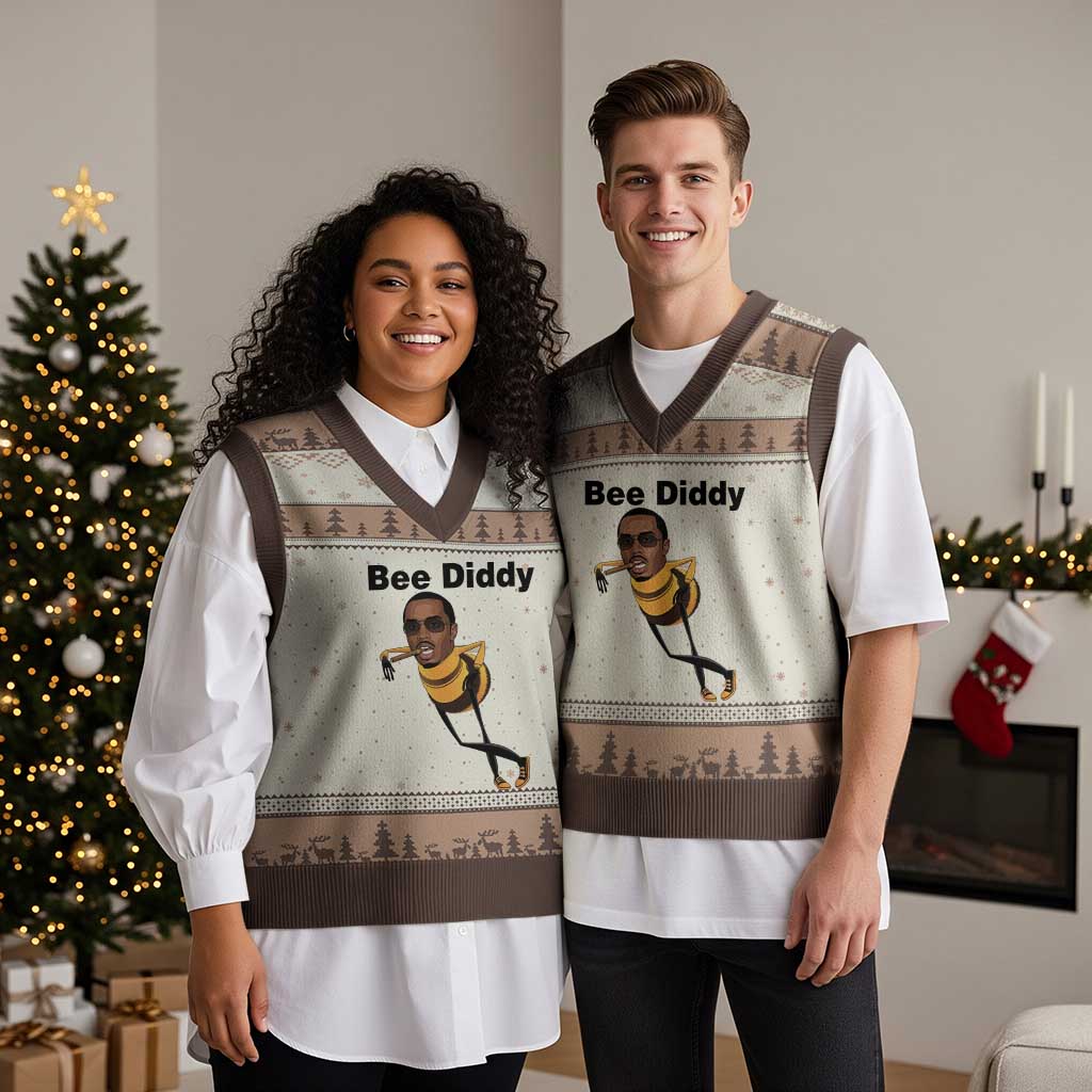 Bee Diddy V-Neck Knit Sweater Vest Dark Humor Internet Meme Brainrot Gen Z TS10 Mocha Mousse Print Your Wear