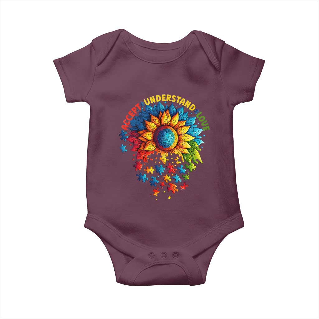 Autism Acceptance Sunflower Puzzle Baby Onesie Accept Understand Love ASD TS10 Maroon Print Your Wear