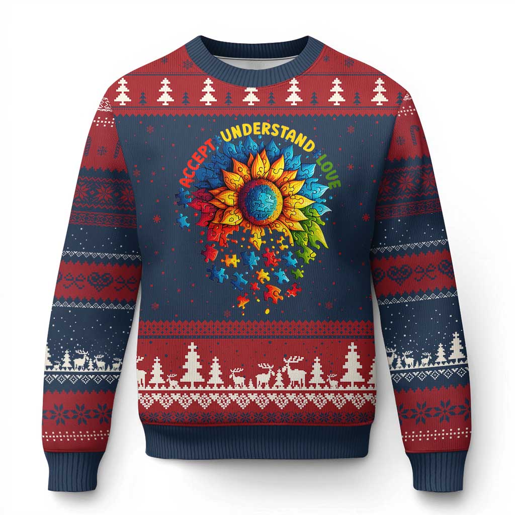 Autism Acceptance Sunflower Puzzle Ugly Christmas Sweater Accept Understand Love ASD TS10 Navy Red Print Your Wear