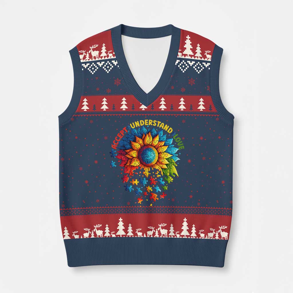 Autism Acceptance Sunflower Puzzle V-Neck Knit Sweater Vest Accept Understand Love ASD TS10 Navy Red Print Your Wear