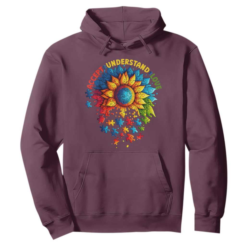 Autism Acceptance Sunflower Puzzle Hoodie Accept Understand Love ASD TS10 Maroon Print Your Wear
