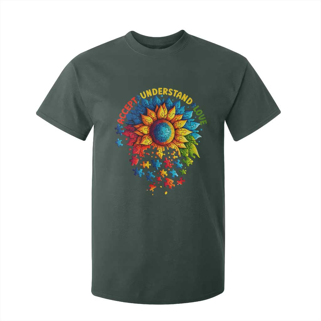 Autism Acceptance Sunflower Puzzle T Shirt For Kid Accept Understand Love ASD TS10 Dark Forest Green Print Your Wear