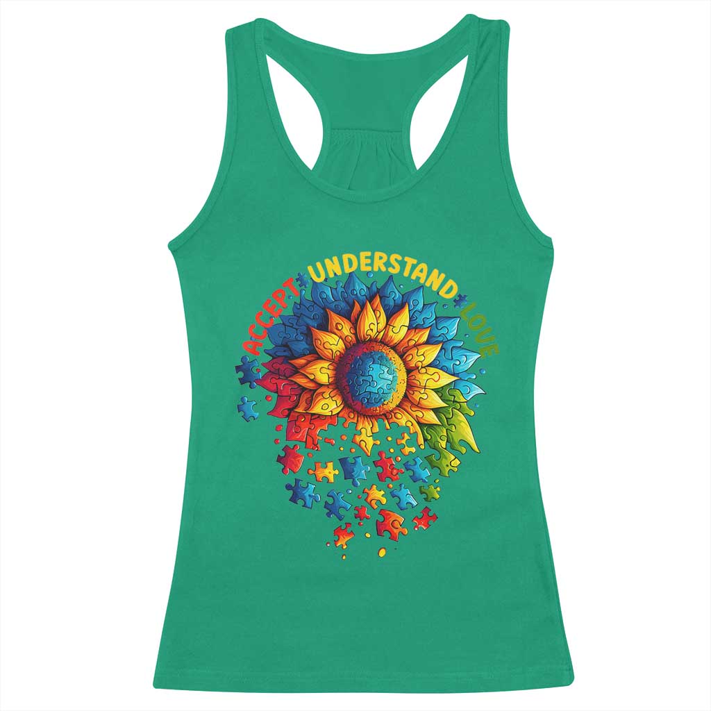 Autism Acceptance Sunflower Puzzle Racerback Tank Top Accept Understand Love ASD TS10 Irish Green Print Your Wear