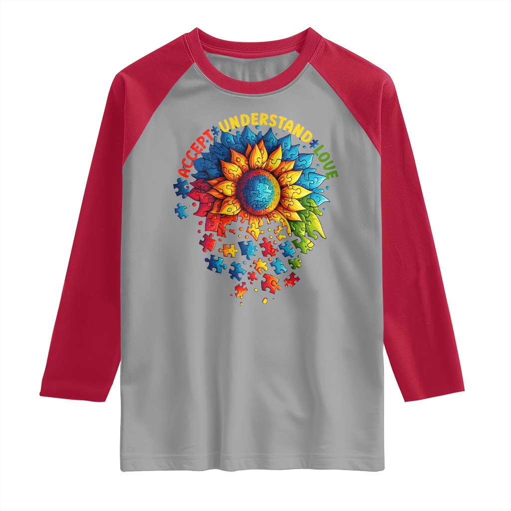 Autism Acceptance Sunflower Puzzle Raglan Shirt Accept Understand Love ASD TS10 Sport Gray Red Print Your Wear