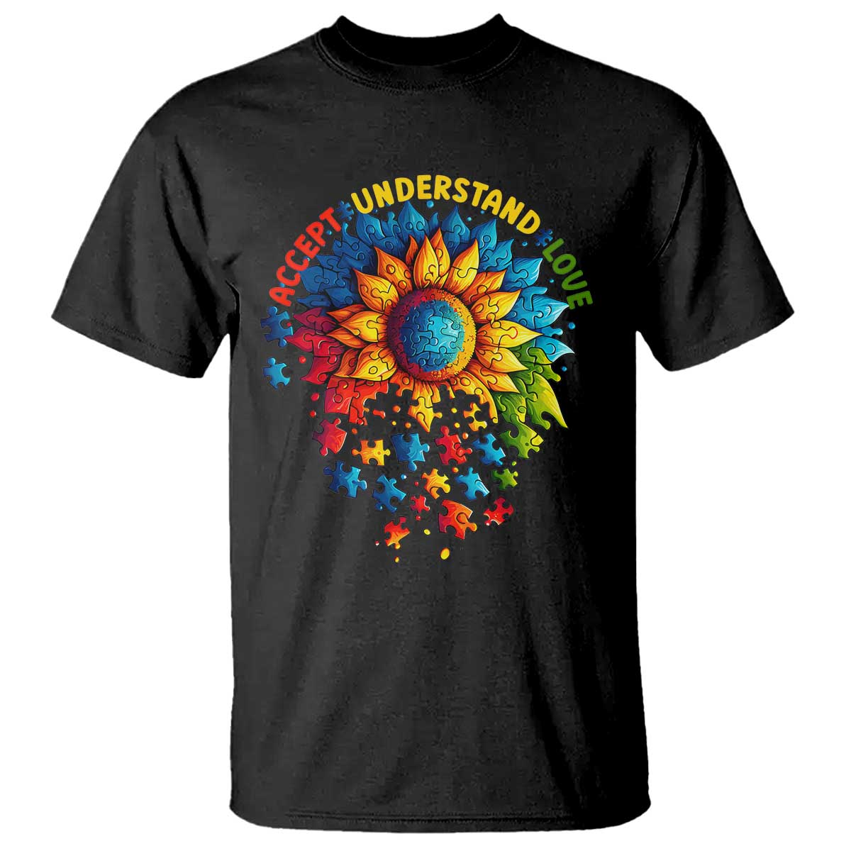 Autism Acceptance Sunflower Puzzle T Shirt Accept Understand Love ASD TS10 Black Print Your Wear