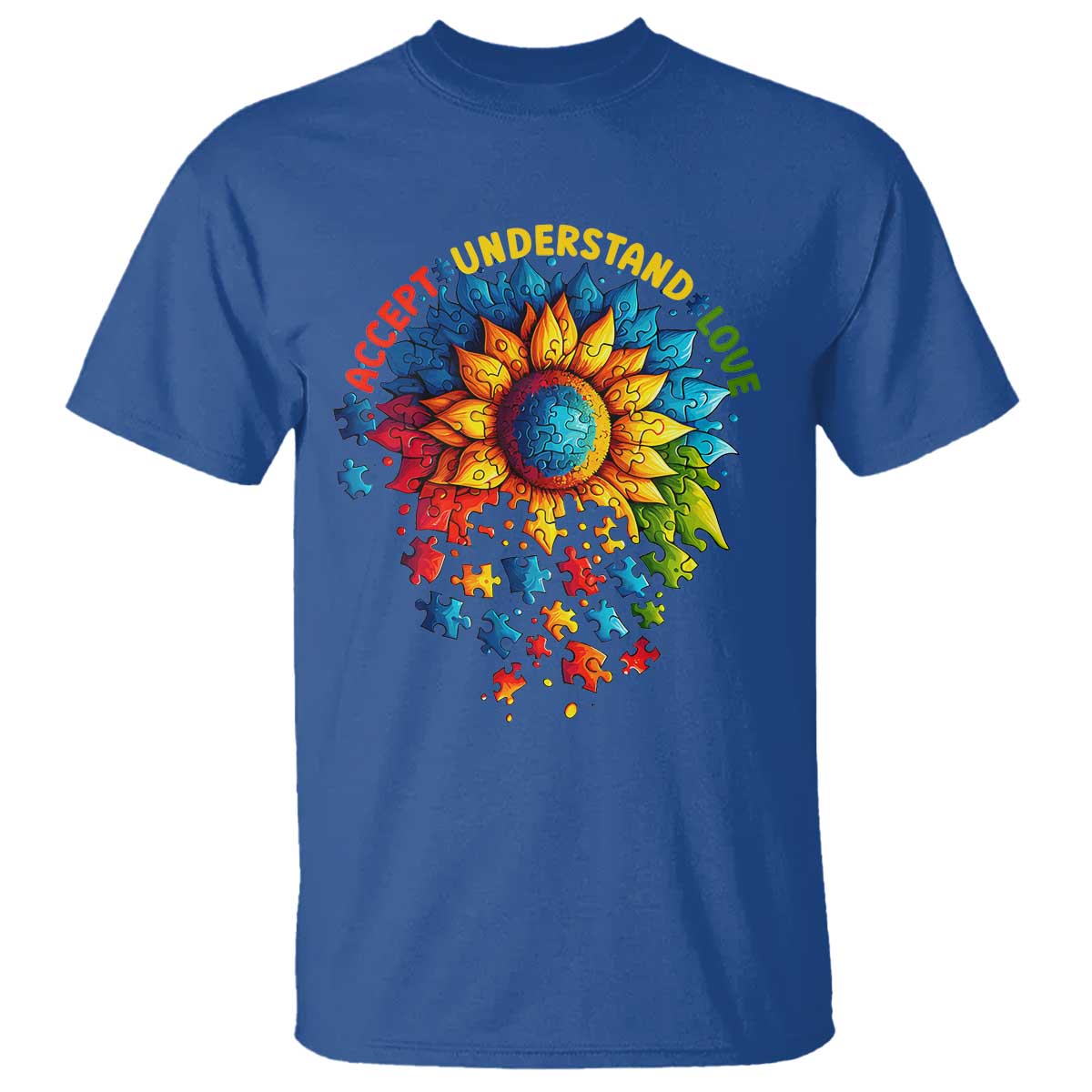 Autism Acceptance Sunflower Puzzle T Shirt Accept Understand Love ASD TS10 Royal Blue Print Your Wear