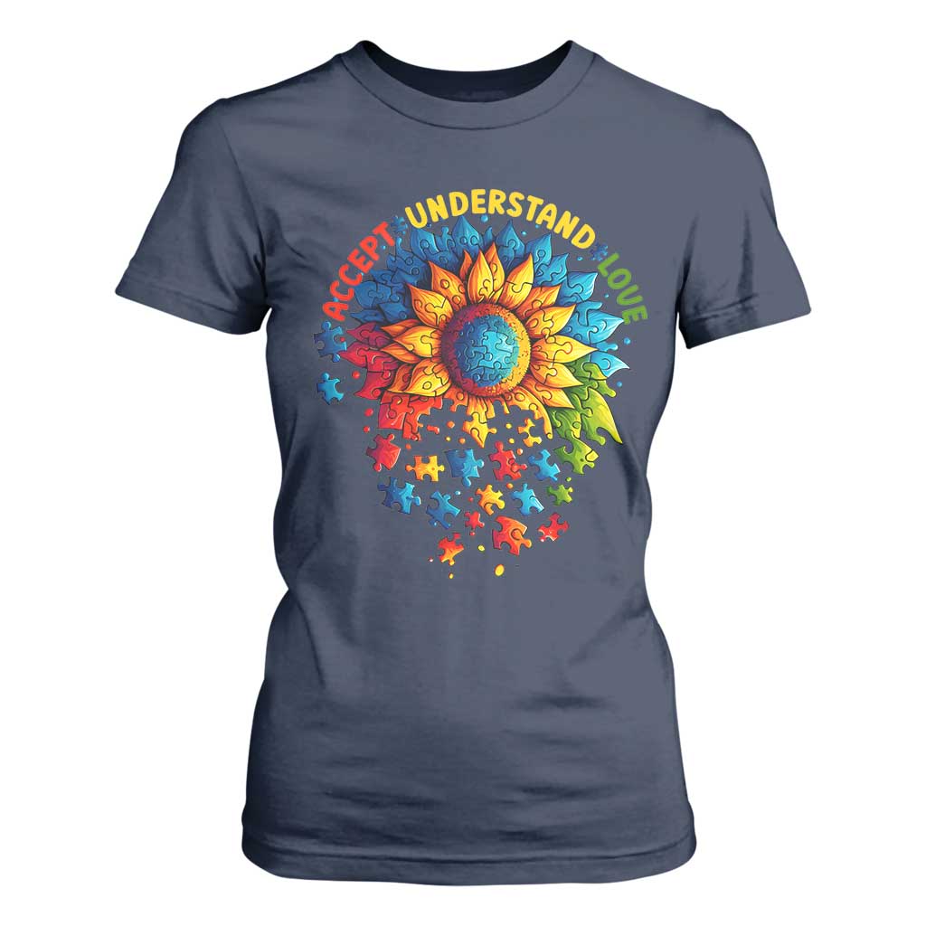 Autism Acceptance Sunflower Puzzle T Shirt For Women Accept Understand Love ASD TS10 Navy Print Your Wear