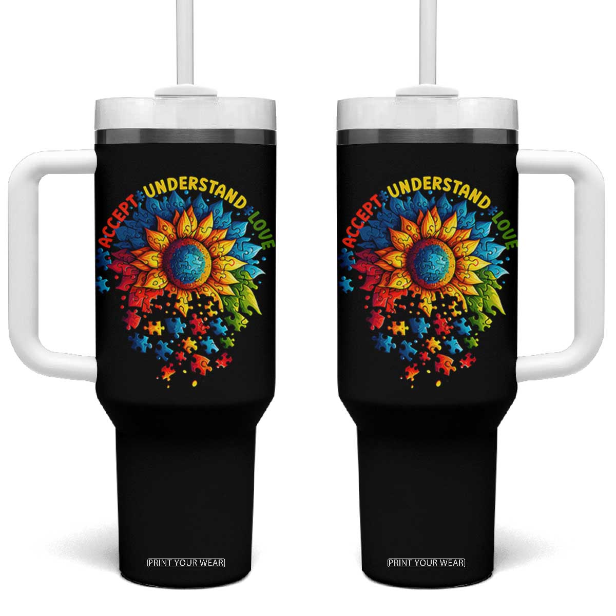 Autism Acceptance Sunflower Puzzle Tumbler With Handle Accept Understand Love ASD TS10 One Size: 40 oz Black Print Your Wear