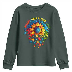 Autism Acceptance Sunflower Puzzle Youth Sweatshirt Accept Understand Love ASD TS10 Dark Forest Green Print Your Wear