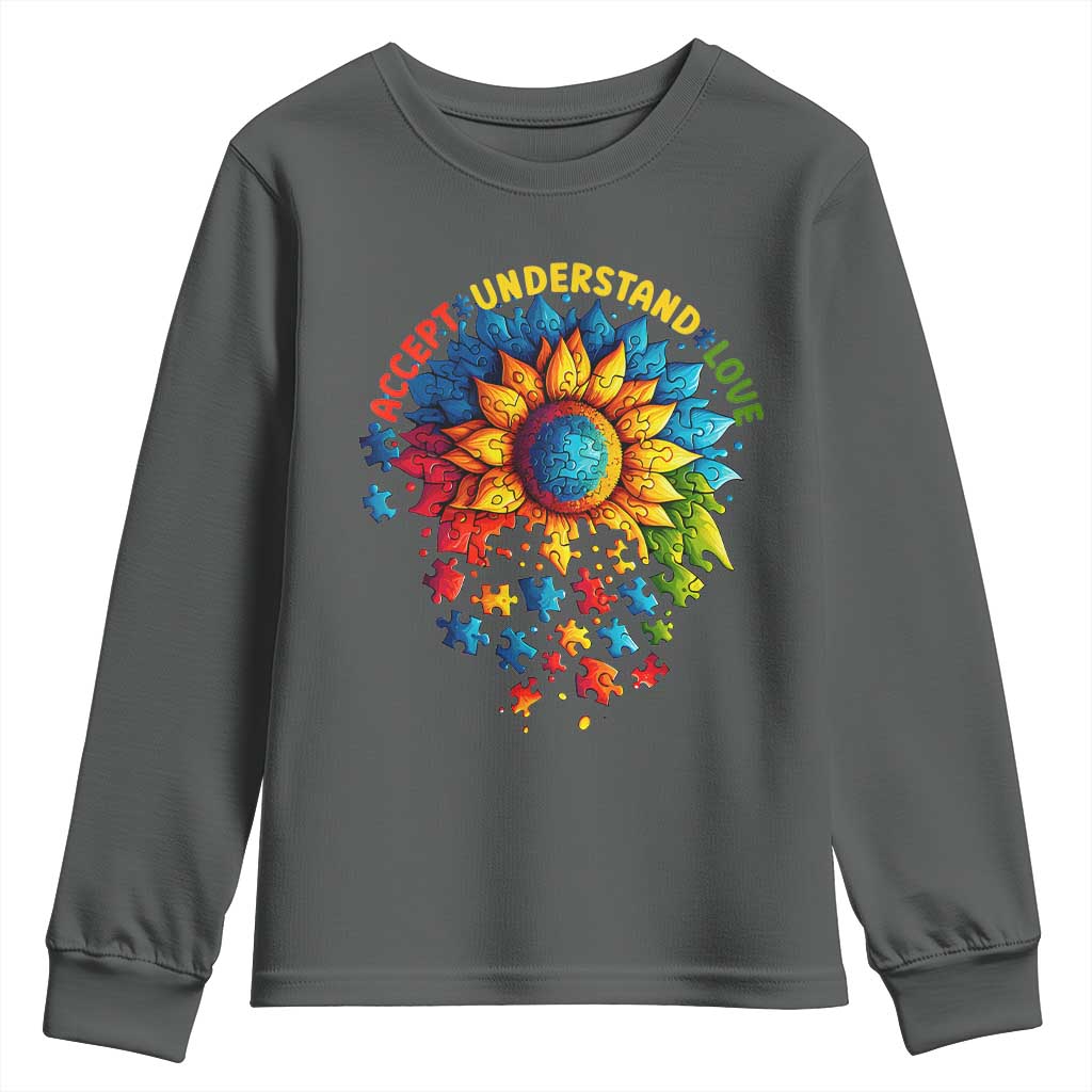 Autism Acceptance Sunflower Puzzle Youth Sweatshirt Accept Understand Love ASD TS10 Dark Heather Print Your Wear