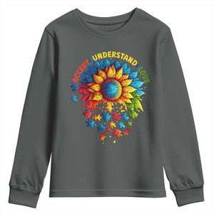 Autism Acceptance Sunflower Puzzle Youth Sweatshirt Accept Understand Love ASD TS10 Dark Heather Print Your Wear