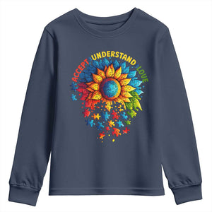 Autism Acceptance Sunflower Puzzle Youth Sweatshirt Accept Understand Love ASD TS10 Navy Print Your Wear