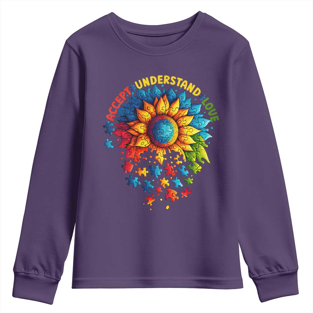 Autism Acceptance Sunflower Puzzle Youth Sweatshirt Accept Understand Love ASD TS10 Purple Print Your Wear