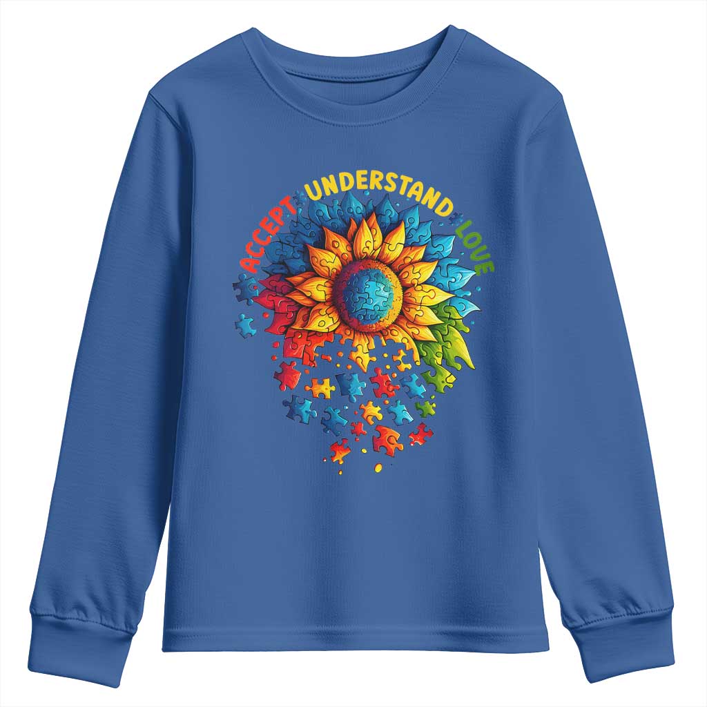 Autism Acceptance Sunflower Puzzle Youth Sweatshirt Accept Understand Love ASD TS10 Royal Blue Print Your Wear