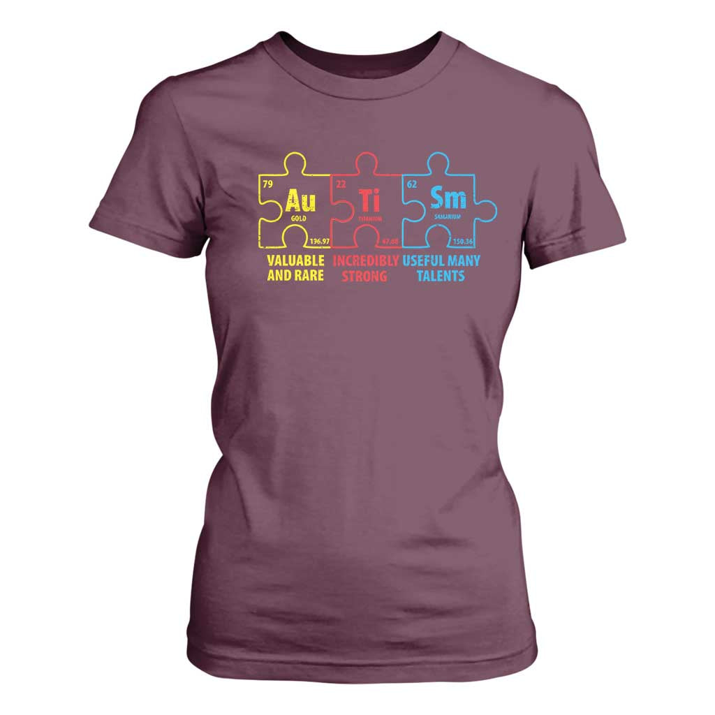 Autism Awareness T Shirt For Women Elements Periodic Table ASD TS10 Maroon Print Your Wear