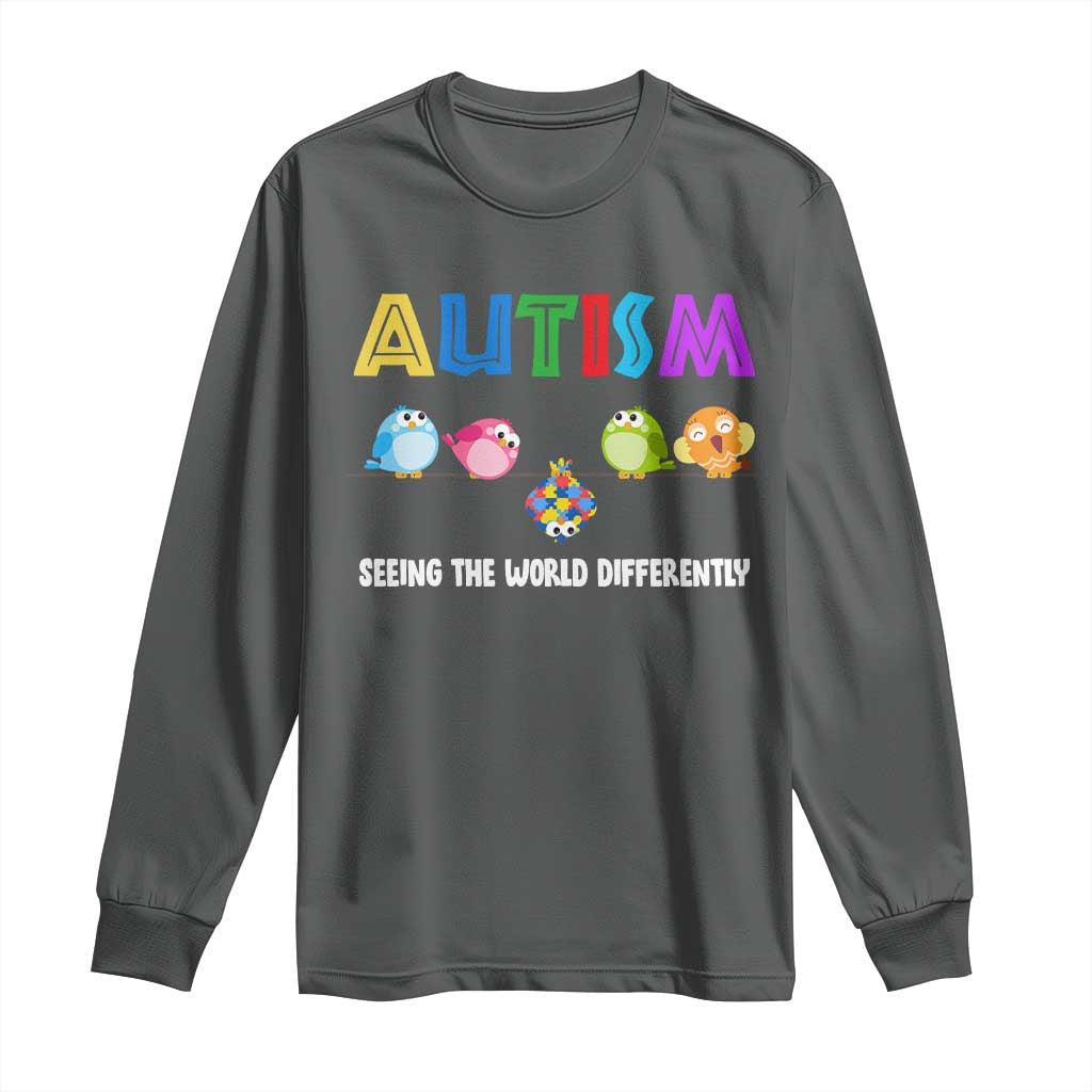 Autism Awareness Long Sleeve Shirt Seeing the World Differently ASD Cute Puzzle Pieces Owl TS10 Dark Heather Print Your Wear