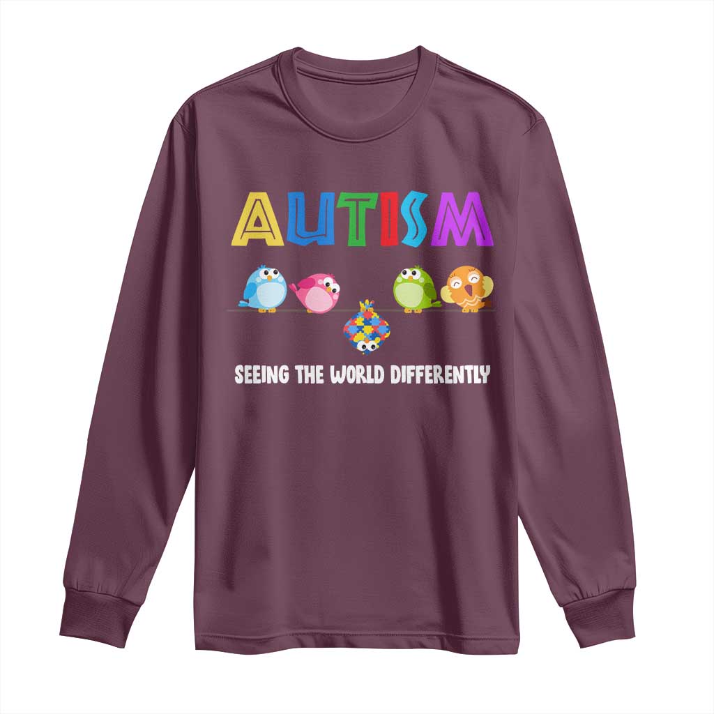 Autism Awareness Long Sleeve Shirt Seeing the World Differently ASD Cute Puzzle Pieces Owl TS10 Maroon Print Your Wear