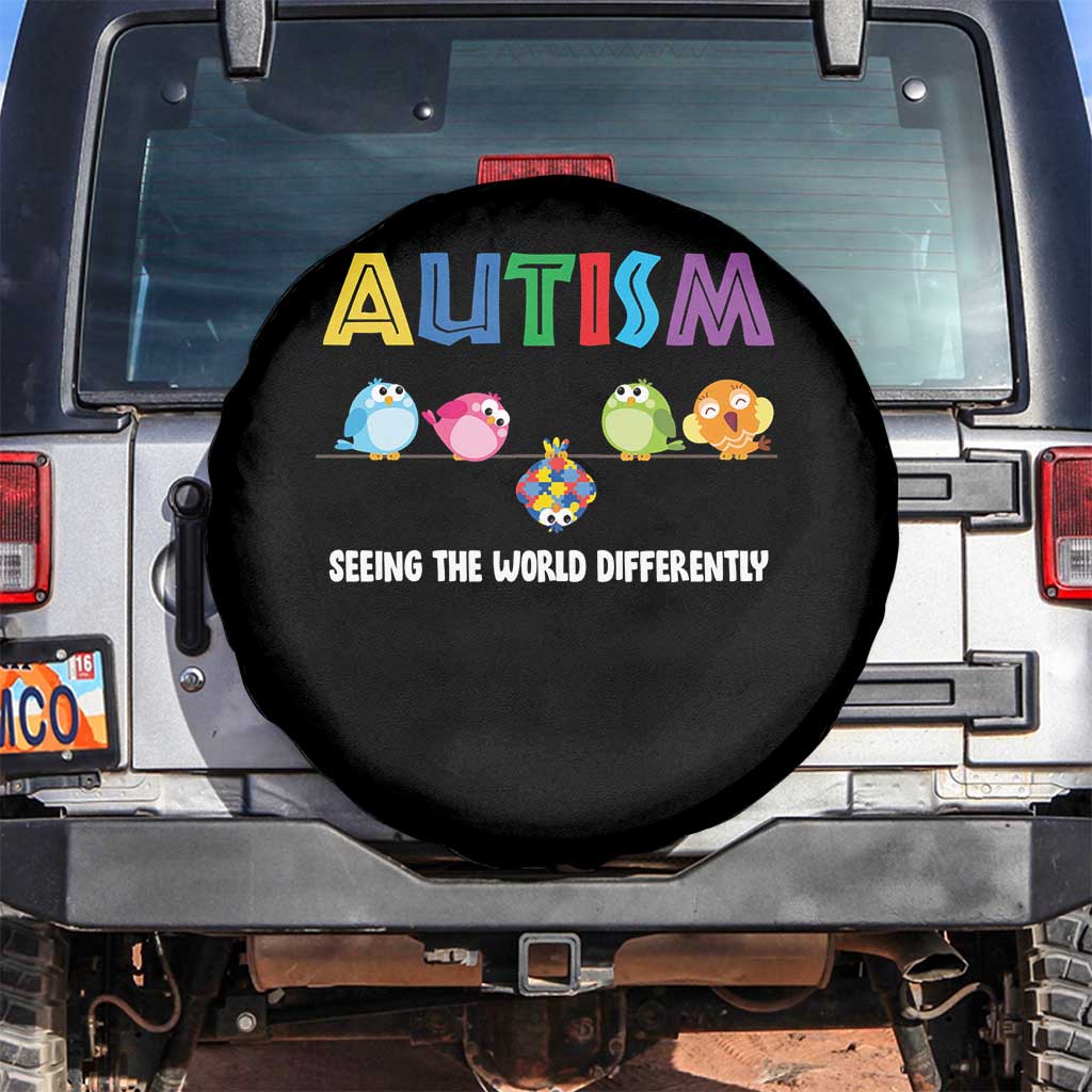 Autism Awareness Spare Tire Cover Seeing the World Differently ASD Cute Puzzle Pieces Owl TS10 No hole Black Print Your Wear