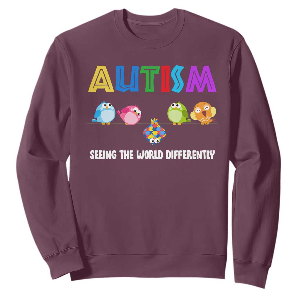 Autism Awareness Sweatshirt Seeing the World Differently ASD Cute Puzzle Pieces Owl TS10 Maroon Print Your Wear