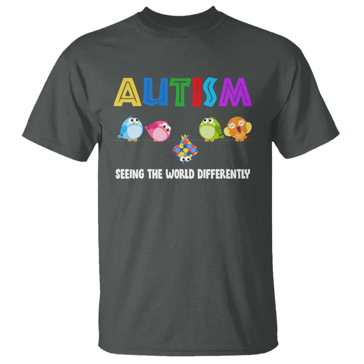 Autism Awareness T Shirt Seeing the World Differently ASD Cute Puzzle Pieces Owl TS10 Dark Heather Print Your Wear