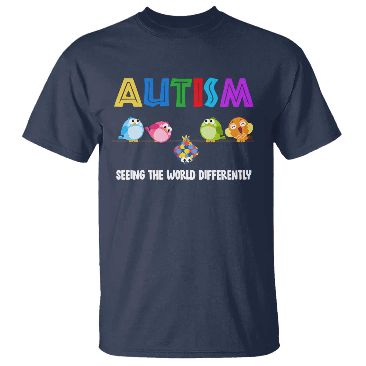 Autism Awareness T Shirt Seeing the World Differently ASD Cute Puzzle Pieces Owl TS10 Navy Print Your Wear