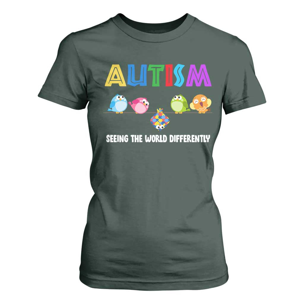 Autism Awareness T Shirt For Women Seeing the World Differently ASD Cute Puzzle Pieces Owl TS10 Dark Forest Green Print Your Wear