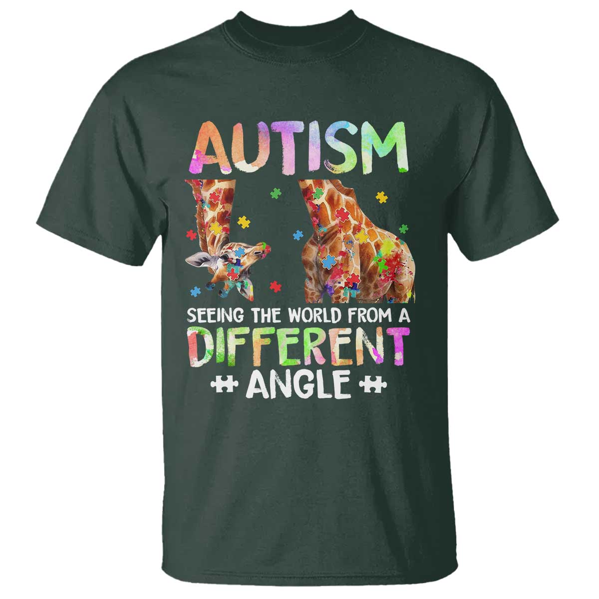 Autism Awareness Giraffe T Shirt Seeing The World Differently ASD TS10 Dark Forest Green Print Your Wear