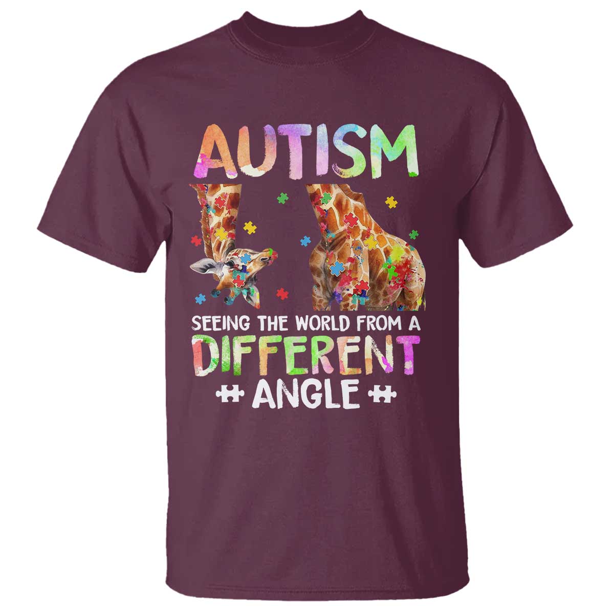 Autism Awareness Giraffe T Shirt Seeing The World Differently ASD TS10 Maroon Print Your Wear