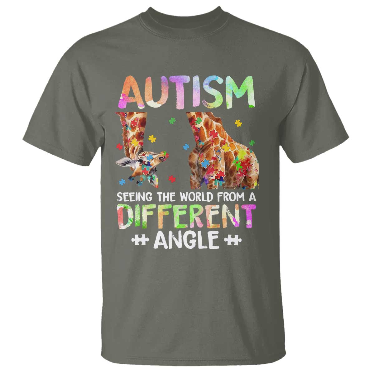 Autism Awareness Giraffe T Shirt Seeing The World Differently ASD TS10 Military Green Print Your Wear
