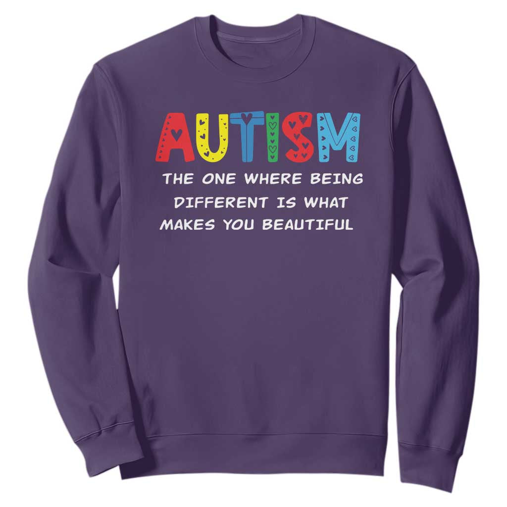 Autism Awareness Sweatshirt Different Makes You Beautiful ASD Month Support TS10 Purple Print Your Wear
