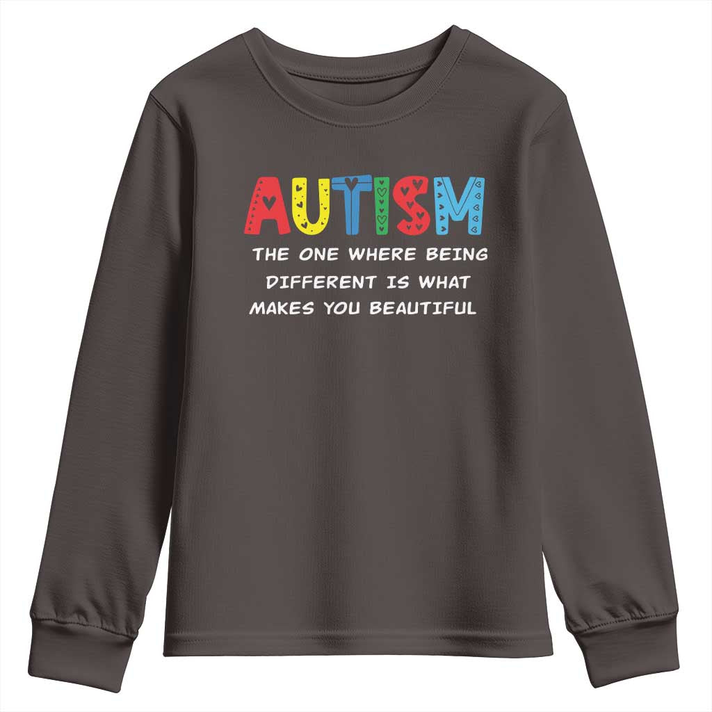 Autism Awareness Youth Sweatshirt Different Makes You Beautiful ASD Month Support TS10 Dark Chocolate Print Your Wear