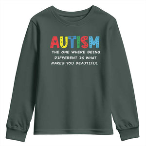 Autism Awareness Youth Sweatshirt Different Makes You Beautiful ASD Month Support TS10 Dark Forest Green Print Your Wear