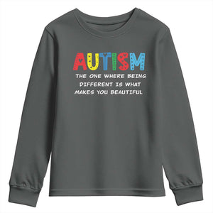 Autism Awareness Youth Sweatshirt Different Makes You Beautiful ASD Month Support TS10 Dark Heather Print Your Wear