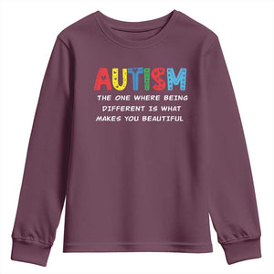 Autism Awareness Youth Sweatshirt Different Makes You Beautiful ASD Month Support TS10 Maroon Print Your Wear