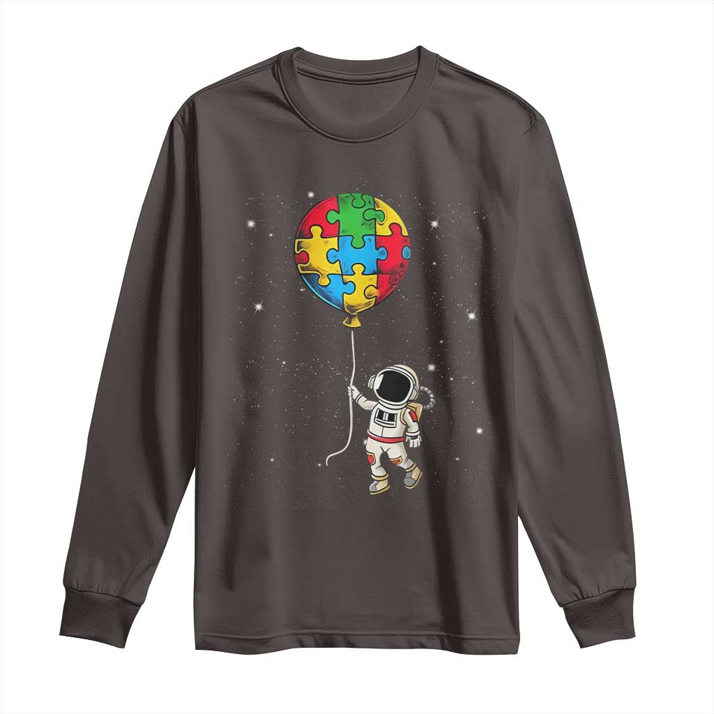 Autism Awareness Astronaut Long Sleeve Shirt Puzzle Pieces Balloon Space Autistic TS10 Dark Chocolate Print Your Wear