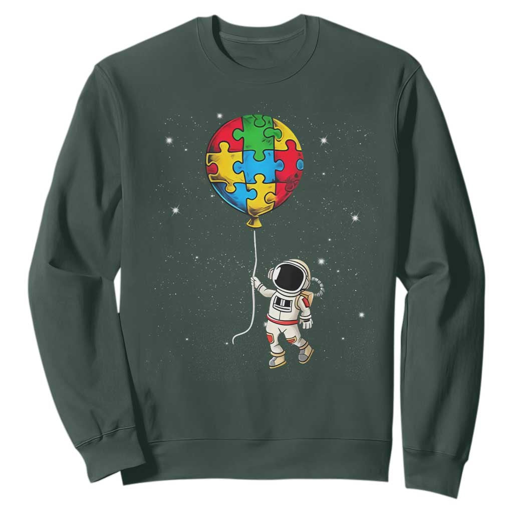 Autism Awareness Astronaut Sweatshirt Puzzle Pieces Balloon Space Autistic TS10 Dark Forest Green Print Your Wear