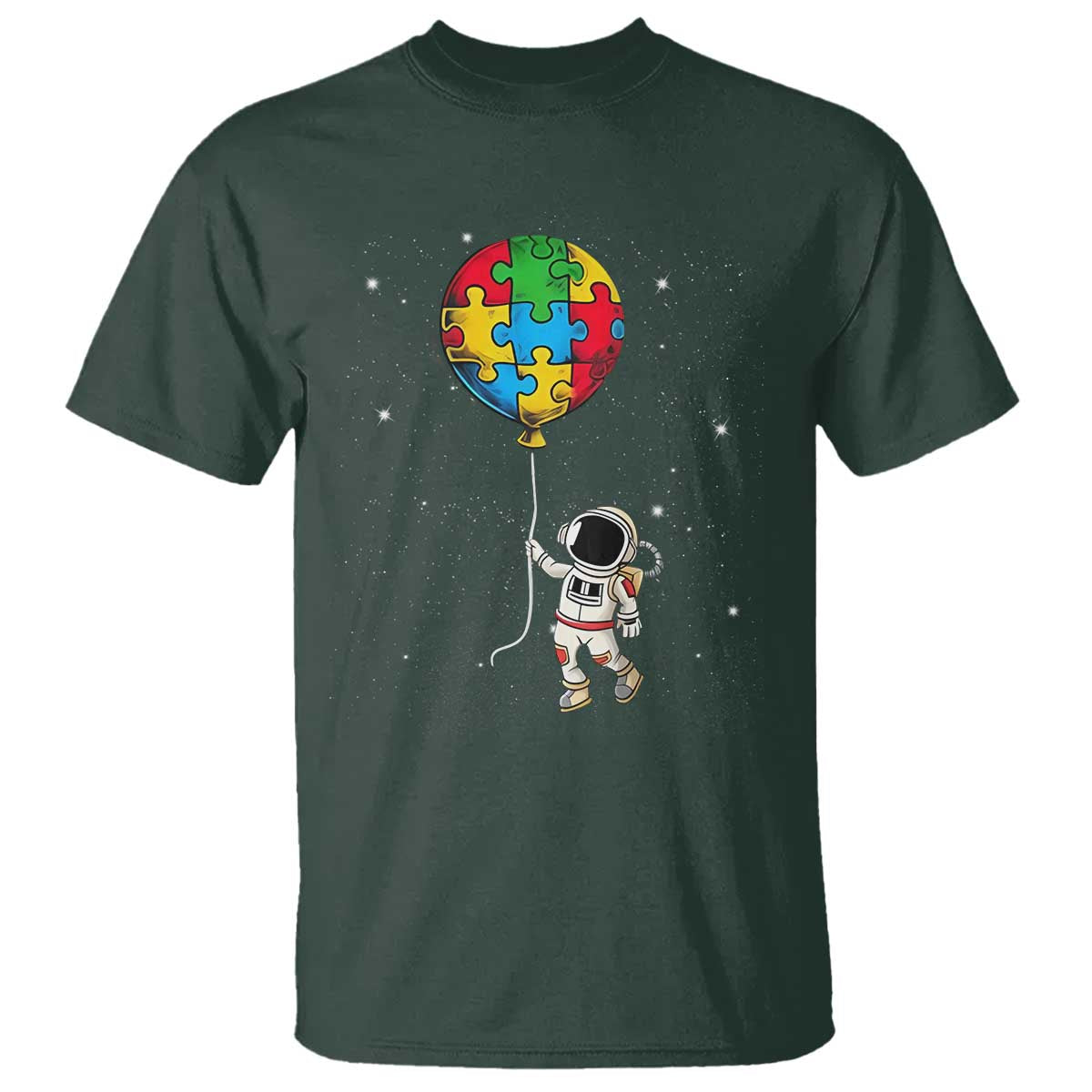 Autism Awareness Astronaut T Shirt Puzzle Pieces Balloon Space Autistic TS10 Dark Forest Green Print Your Wear
