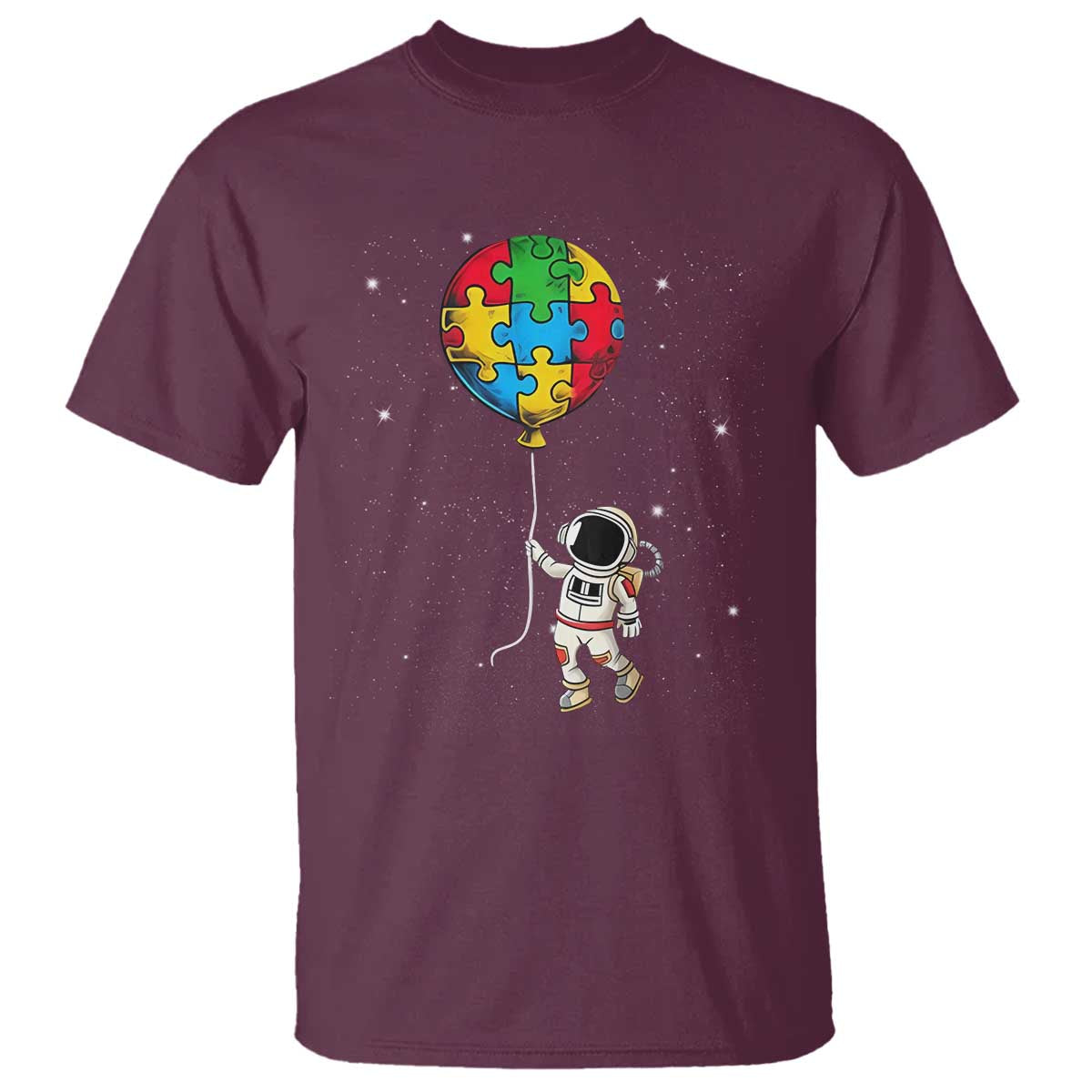 Autism Awareness Astronaut T Shirt Puzzle Pieces Balloon Space Autistic TS10 Maroon Print Your Wear