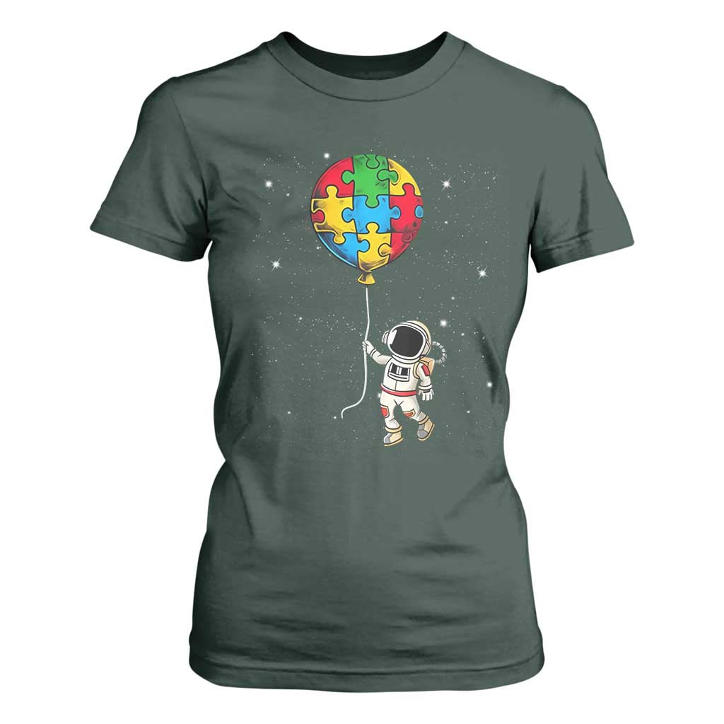 Autism Awareness Astronaut T Shirt For Women Puzzle Pieces Balloon Space Autistic TS10 Dark Forest Green Print Your Wear
