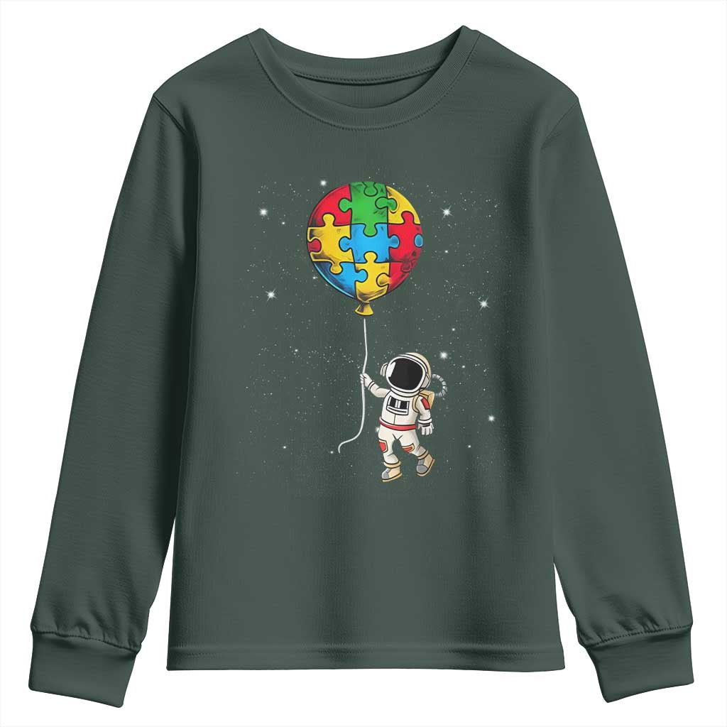 Autism Awareness Astronaut Youth Sweatshirt Puzzle Pieces Balloon Space Autistic TS10 Dark Forest Green Print Your Wear