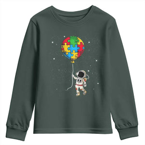Autism Awareness Astronaut Youth Sweatshirt Puzzle Pieces Balloon Space Autistic TS10 Dark Forest Green Print Your Wear
