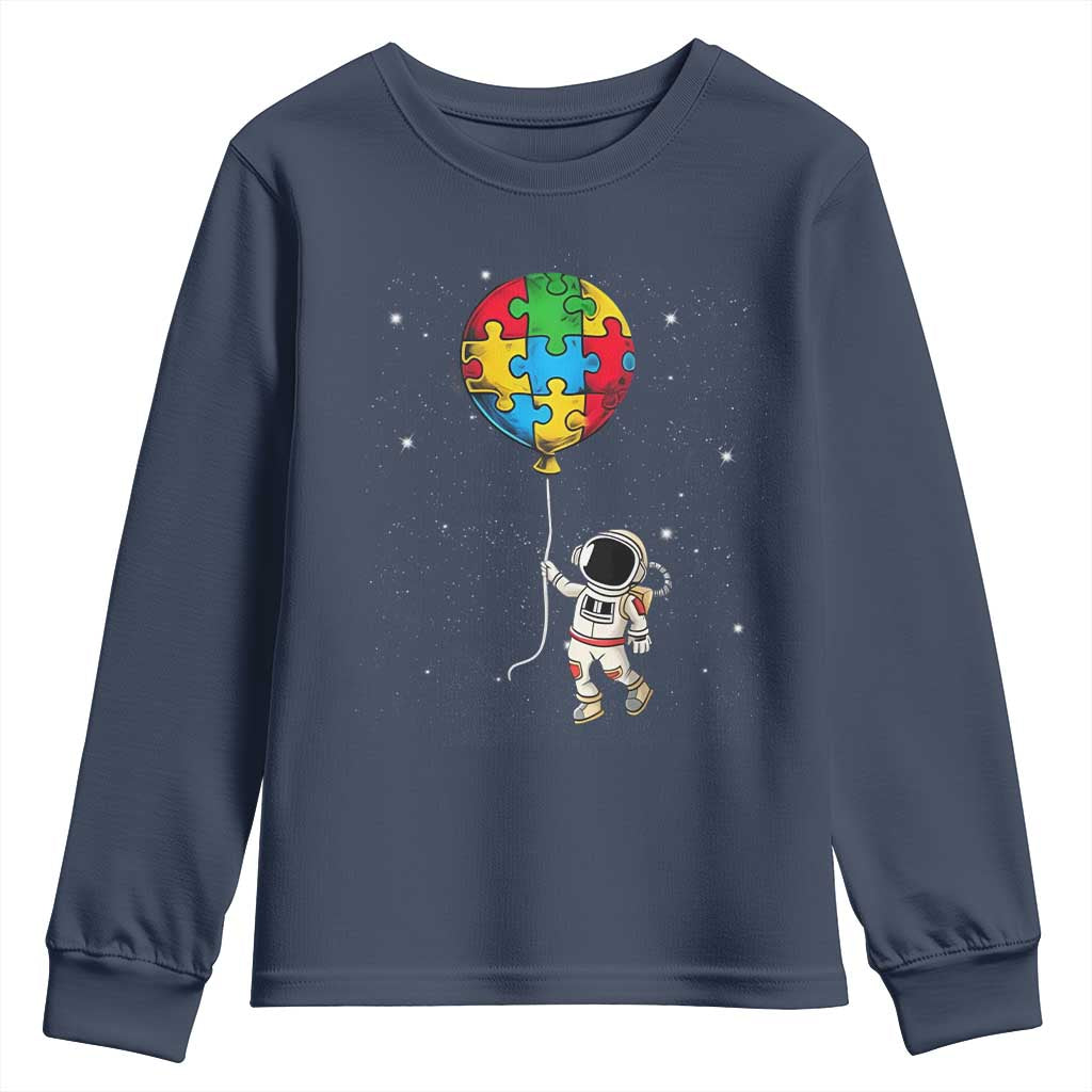 Autism Awareness Astronaut Youth Sweatshirt Puzzle Pieces Balloon Space Autistic TS10 Navy Print Your Wear
