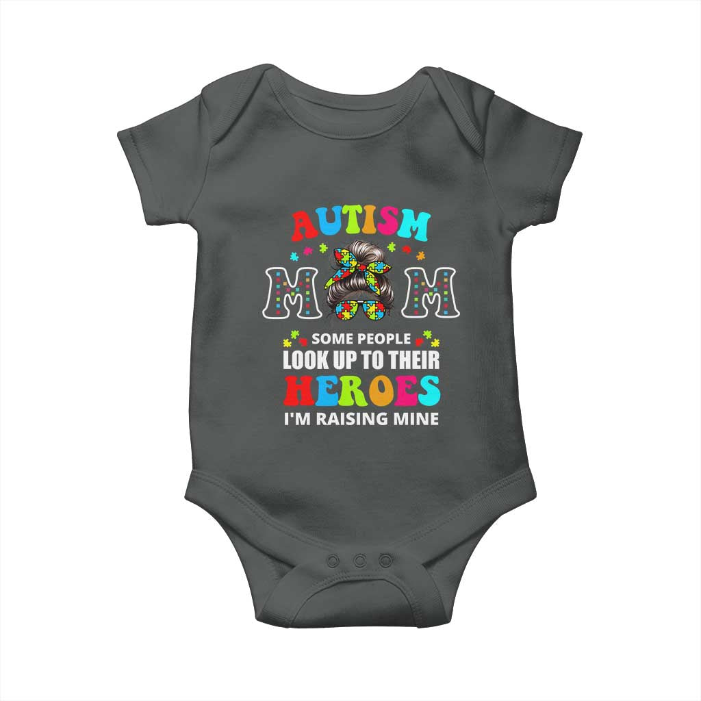 Autism Mom Baby Onesie Raising Hero Messy Bun Autism Awareness TS10 Dark Heather Print Your Wear