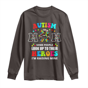 Autism Mom Long Sleeve Shirt Raising Hero Messy Bun Autism Awareness TS10 Dark Chocolate Print Your Wear