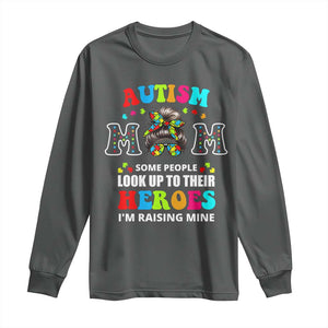 Autism Mom Long Sleeve Shirt Raising Hero Messy Bun Autism Awareness TS10 Dark Heather Print Your Wear