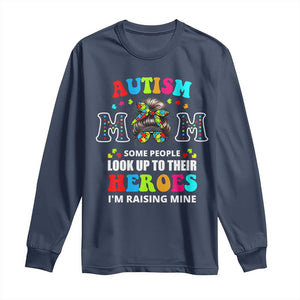 Autism Mom Long Sleeve Shirt Raising Hero Messy Bun Autism Awareness TS10 Navy Print Your Wear