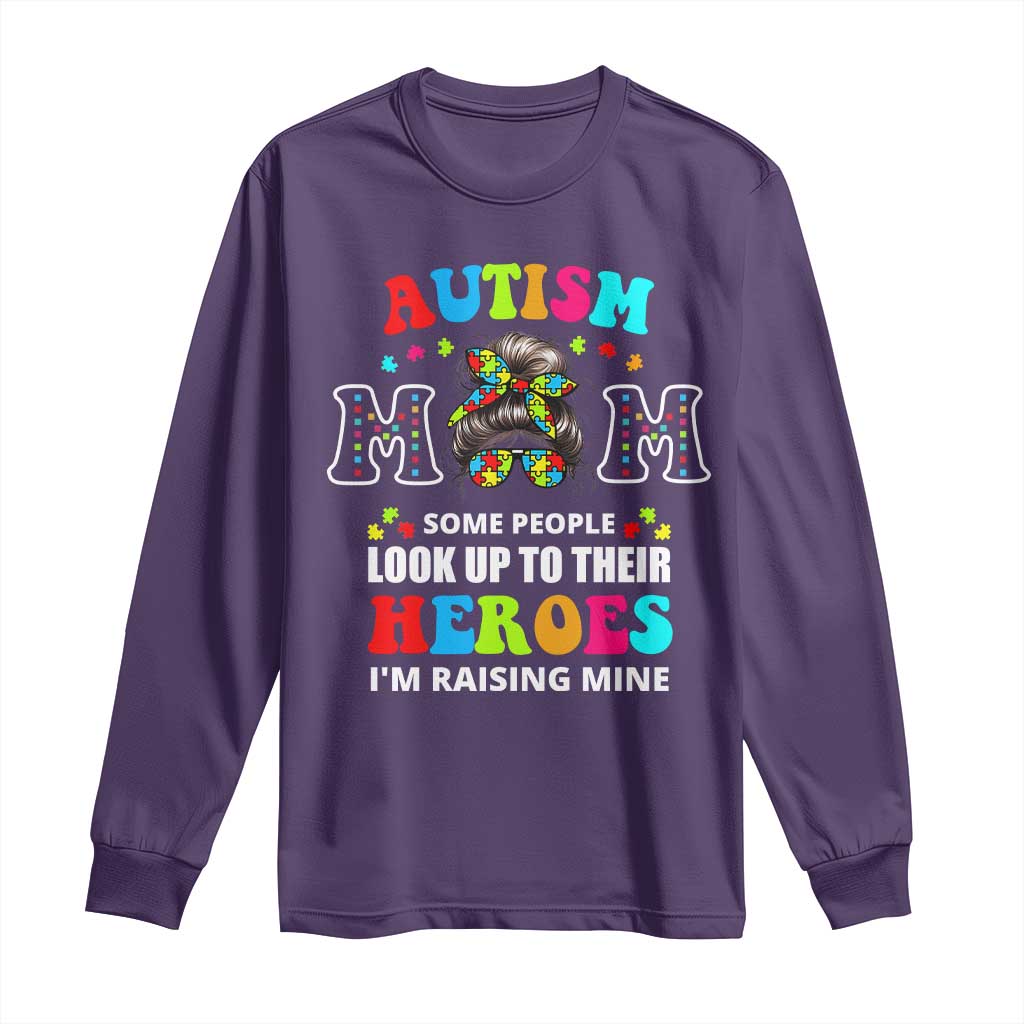 Autism Mom Long Sleeve Shirt Raising Hero Messy Bun Autism Awareness TS10 Purple Print Your Wear
