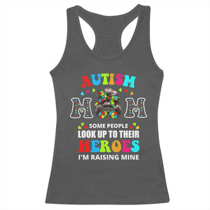 Autism Mom Racerback Tank Top Raising Hero Messy Bun Autism Awareness TS10 Dark Heather Print Your Wear